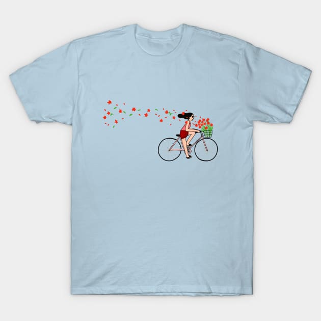 Girl Cycling with Flowers T-Shirt by Ashleigh Green Studios